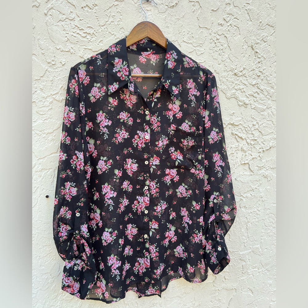 Beautiful Plus Sheer Blouse Rose Long Sleeve Pearl Buttons Back Side Slits S10